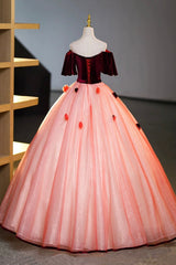 Elegant Velvet Tulle Long Formal Dresses, Burgundy Off the Shoulder Sweet Flower Party Dresses