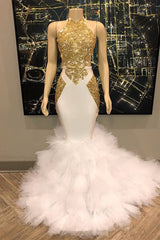 Elegant White And Gold Mermaid Prom Dresses Sequins High Collar Chiffon Long