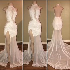 Elegant White Lace Halter Prom Party GownsMermaid Backless Party Dresses With Slit