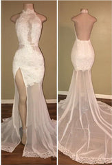 Elegant White Lace Halter Prom Party GownsMermaid Backless Party Dresses With Slit