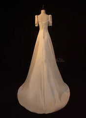 Elegant White Satin A-line Wedding Party Dress Long Prom Dress Evening Gown