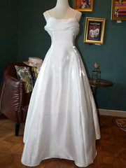 Elegant White Satin Spaghetti Straps Prom Dresses Fairy A Line Princess Dresses Evening Gown