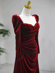 Elegant Wine Red Velvet Long Sleeves Formal Dresses, Formal Wedding Party Dresses