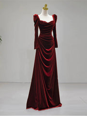 Elegant Wine Red Velvet Long Sleeves Formal Dresses, Formal Wedding Party Dresses