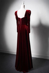 Elegant Wine Red Velvet Long Sleeves Formal Dresses, Formal Wedding Party Dresses