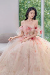 A Line Off the Shoulder Prom Dresses with Flowers, Charming Tulle Party Gown