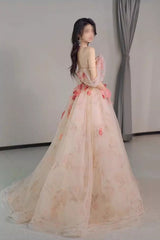 A Line Off the Shoulder Prom Dresses with Flowers, Charming Tulle Party Gown