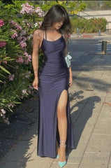 Sexy Mermaid Halter Sleeveless Navy Blue Long Prom Dresses