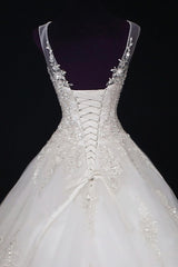 2025 A Line Wedding Dresses, Scoop Tulle With Applique And Beads Lace Up