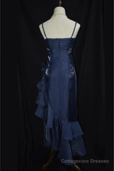 Dark Blue Vintage Floral Elegant Dress Asymmetrical Hem Prom Gown