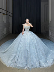 Fairytale Ball Gown Strapless Neckline Sequin Light Sky Blue Long Wedding Dresses Brides Dresses