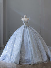 Fairytale Ball Gown Strapless Neckline Sequin Light Sky Blue Long Wedding Dresses Brides Dresses