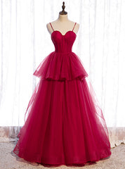 Fashion Burgundy Tulle Spaghetti Straps Long Prom Dresses