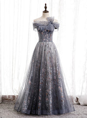 Fashion Gray Tulle Off the Shoulder Beading Prom Dresses