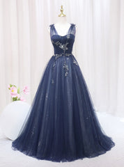 Fashion Navy Blue Tulle Sequins V-neck Prom Dresses