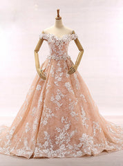 Fashion Pink Off The Shoulder Appliques Tulle Wedding Dresses