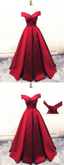 Fashionable Dark Red Satin Simple Off Shoulder Prom Dresses, Red Party Dresses Evening Dresses