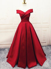 Fashionable Dark Red Satin Simple Off Shoulder Prom Dresses, Red Party Dresses Evening Dresses