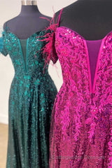 Feathered Cold Shoulder Sequin Long Prom Dress with Appliques