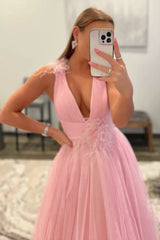 Feathers Backlesss Pink Plunging V-Neck Tulle Long Formal Dresses