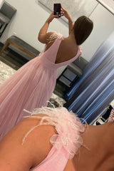 Feathers Backlesss Pink Plunging V-Neck Tulle Long Formal Dresses