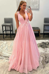 Feathers Backlesss Pink Plunging V-Neck Tulle Long Formal Dresses