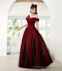 Burgundy Satin Tulle Long Prom Dress, A-Line Off the Shoulder Evening Dress