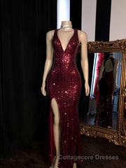 Long Mermaid Burgundy Sequin Prom Dresses Glitter Split Evening Gown