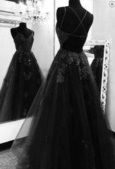 A Line Floor Length Black Tulle Lace Prom Dresses