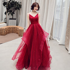 Burgundy v neck tulle long prom Dresses, formal Dresses