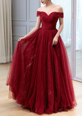 Urgundy Tulle Long Prom Dresses, A-Line Off The Shoulder Evening Dresses