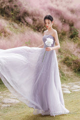 Purple tulle beads long prom dress A line evening dress