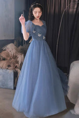 Blue tulle long prom Dresses A lin evening Dresses