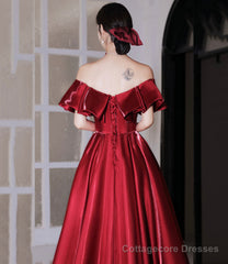 Red satin long prom dress A line evening dress