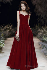 Burgundy velvet long A line prom dress evening dress