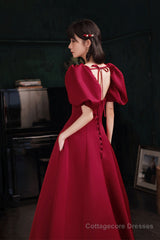 Burgundy satin long prom dress A line evening dress