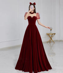 Cute velvet long prom Dresses burgundy A line evening Dresses