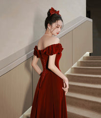 Burgundy Velvet Tea Length Prom Dresses, Cute Evening Dresses Party Dresses