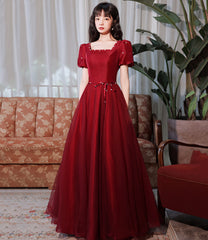 Burgundy satin tulle long prom Dresses A line evenig Dresses