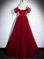 Burgundy Satin Tulle Floor Length Prom Party Dresses