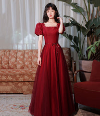 Burgundy satin tulle long prom Dresses A line evenig Dresses