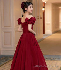 Burgundy satin long prom dress A line evening dress