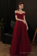 Burgundy tulle long prom dress A line evening dress