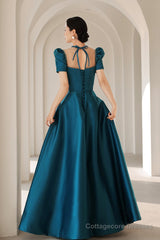 Blue satin long A line prom dress blue evening dress