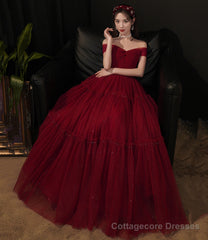 Burgundy tulle long prom dress A line evening dress