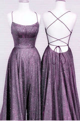 Purple Glitter Prom Dresses Side Split Lace Up Back