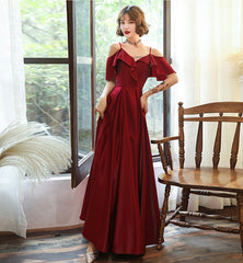 Burgundy satin prom Dresses simple evening Dresses