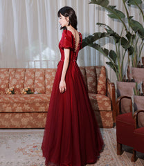 Burgundy satin tulle long prom Dresses A line evenig Dresses