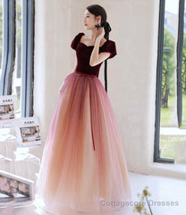 Burgundy velvet tulle long prom dress evening dress