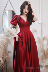 Burgundy satin long prom dress A line evening dress